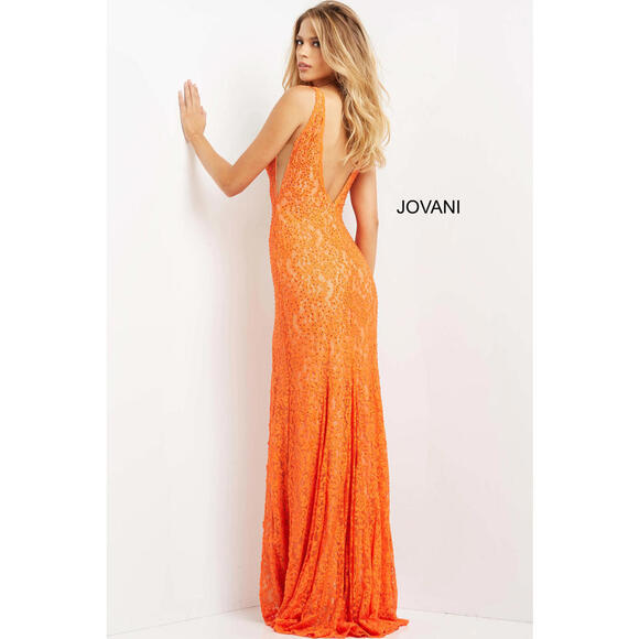 Jovani 08674 Orange Nude Plunging Neck Lace Dress Size 0 NWT - Picture 2 of 9